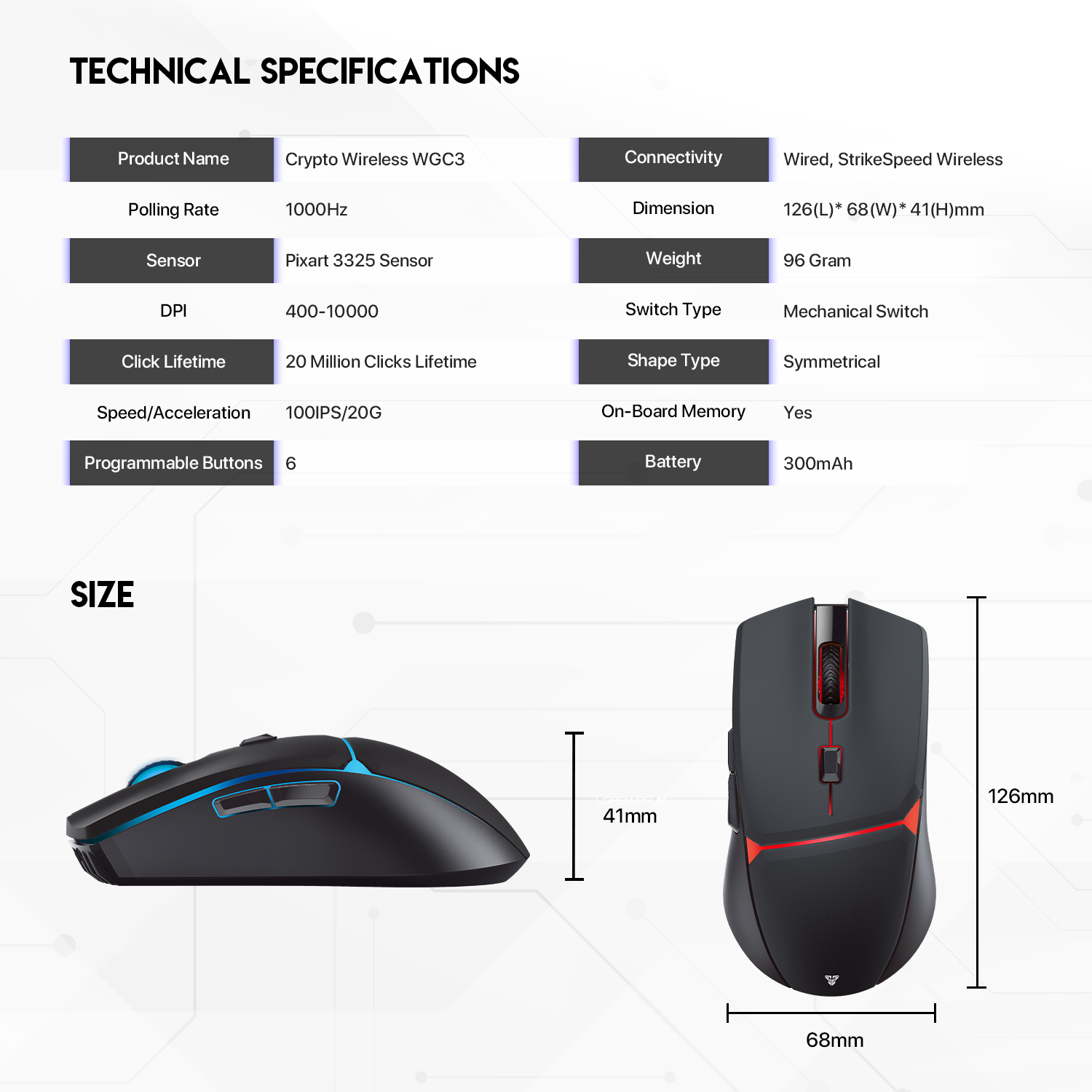 FANTECH WGC3 CRYPTO Wired And Wireless Gaming Mouse Pixart 3325 And 10000 DPI Mouse Poling 1000Hz Macro 6 Button Mice. 