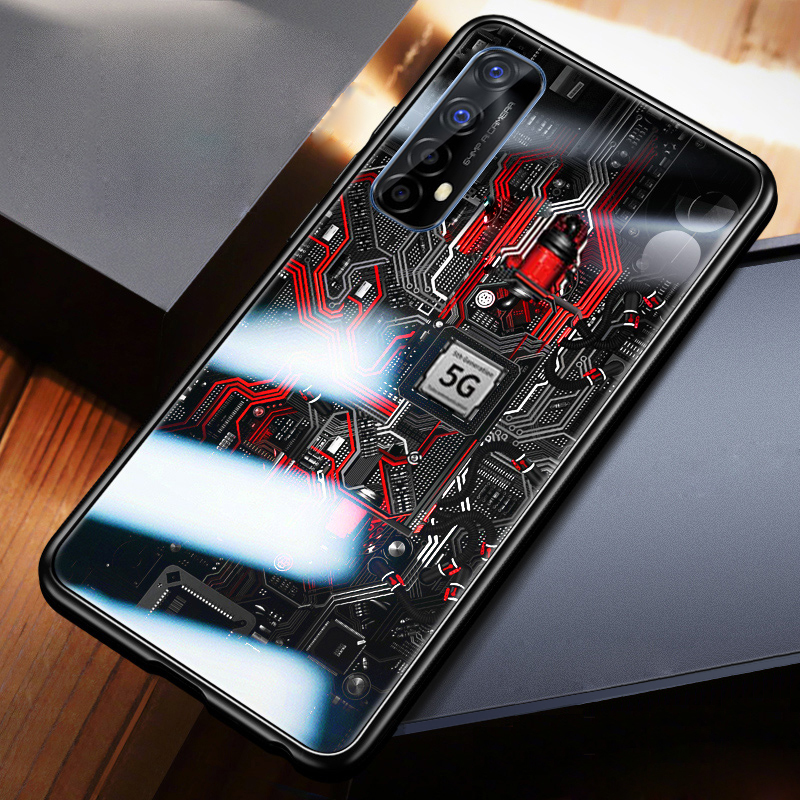 For Realme 7 Back Cover Version Theme Case Tempered Glass Protection shockproof Cover for Realme7 case Transparent Circuit Board Design Full Coverage Phone cases. 
