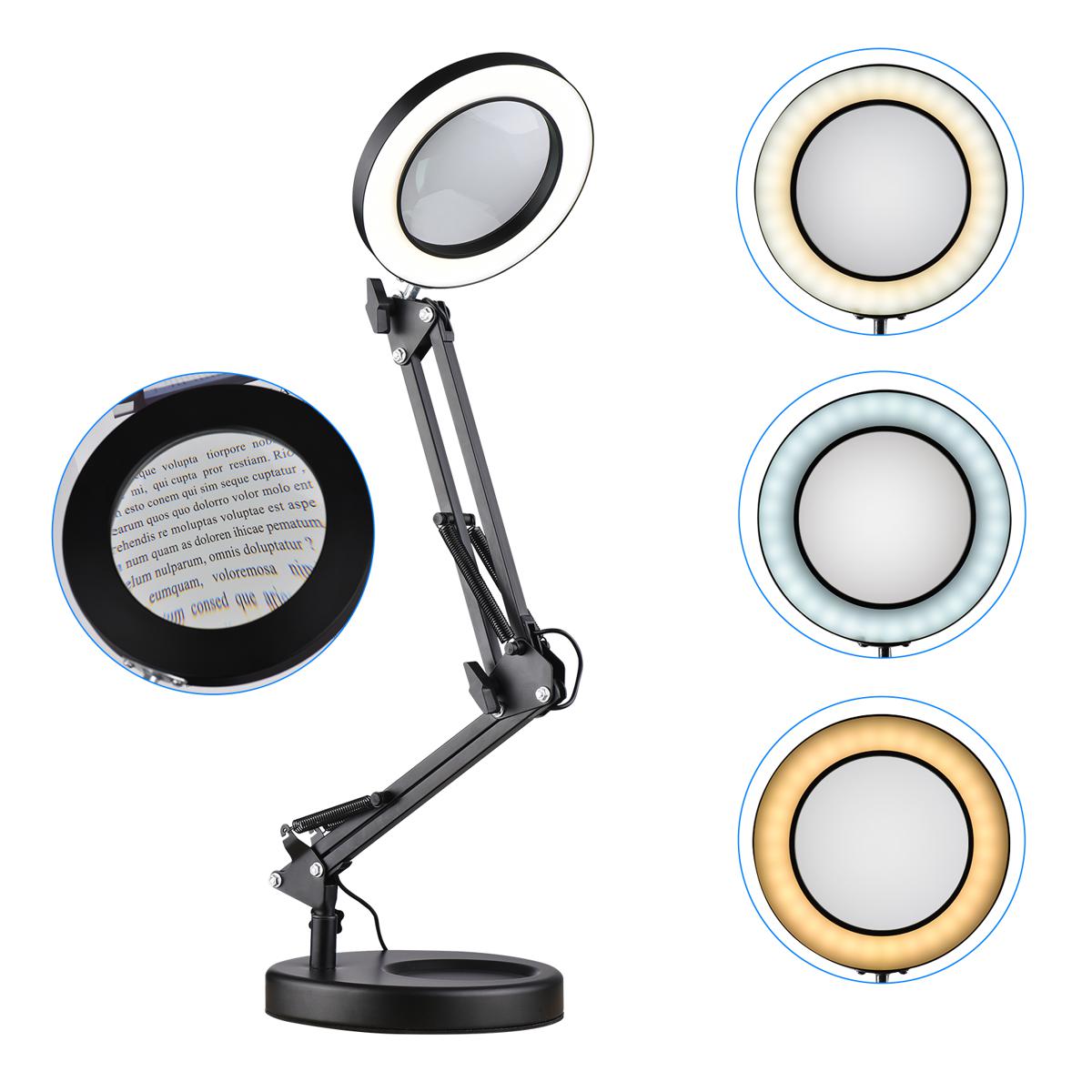 5X Magnifying Glass with Light and Base Stand LED Eye-Caring Light Magnifier Magnifying Desk Lamp Adjustable Metal Swivel Arm 3 Color Modes 10 Dimmable Brightness for Repair Reading Craft Workbench Learning