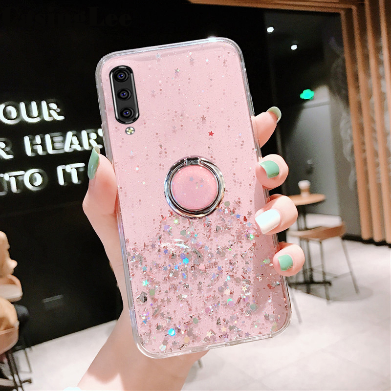 Casinglee for Samsung Galaxy A70 case Shiny Ring Glitter Soft Transparent Holder Stand Back cover with String for Samsung A70 Phone cases cover Stars Moon Girls. 