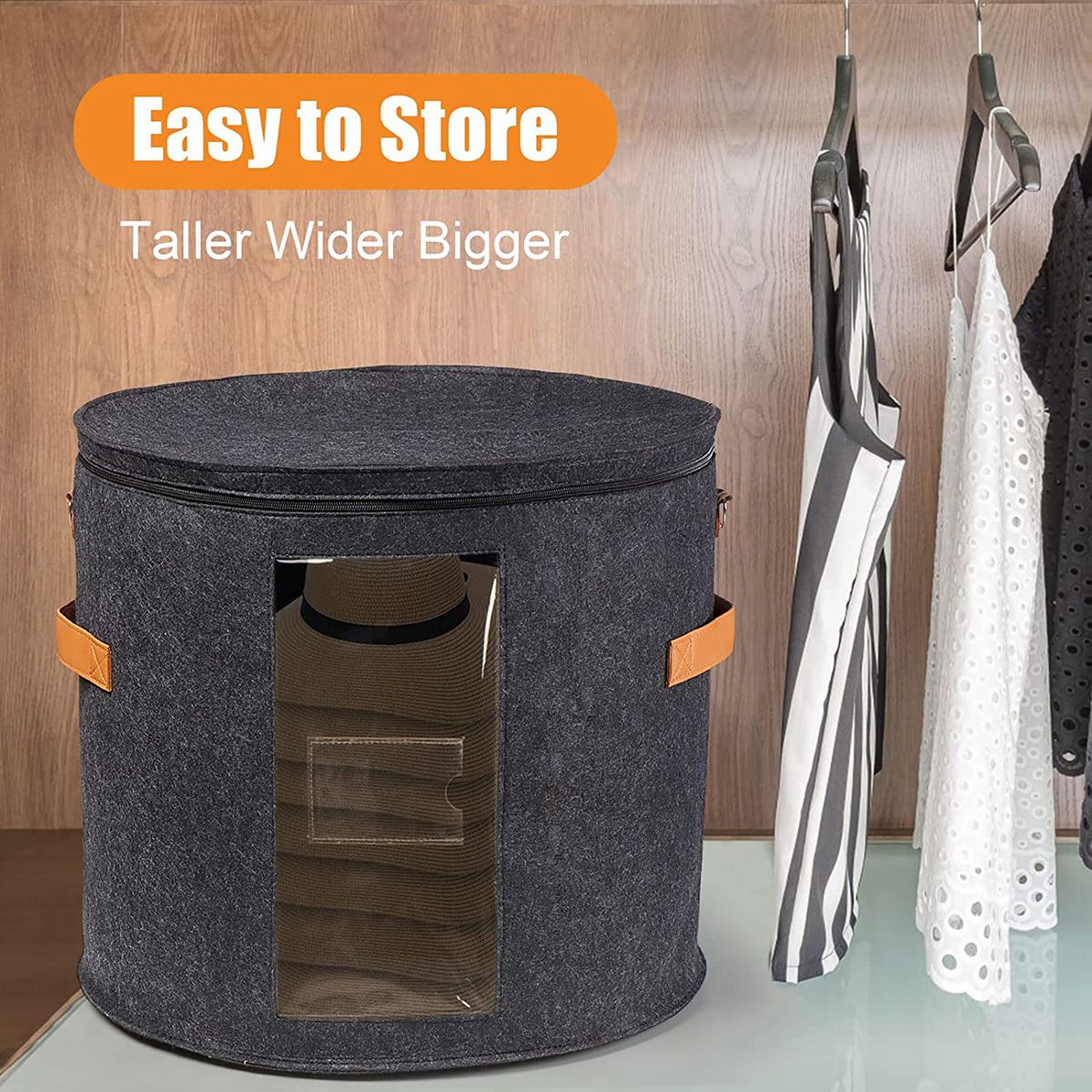 Round Hat Storage Box - Foldable Hat Box with Lid Dark Grey. 