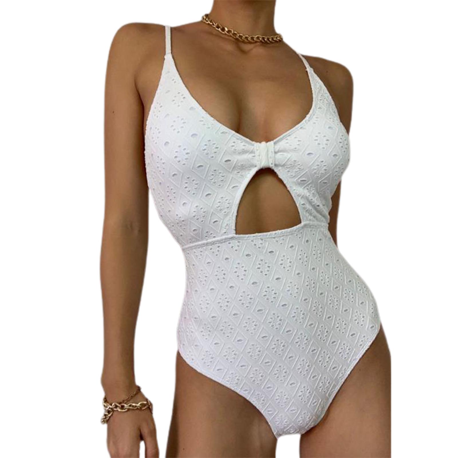 Women Bikini, Spaghetti Straps V-neck Hollowed Jacquard Summer Swimming Bathing Swimsuit. 