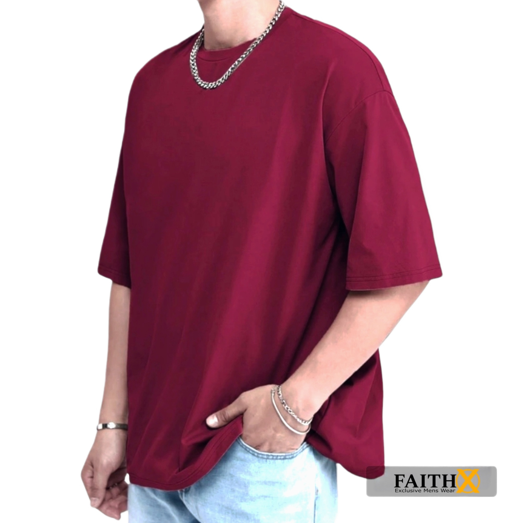 Drop Shoulder New Trendy Solid Color T-Shirt for Unisex / Maroon. 