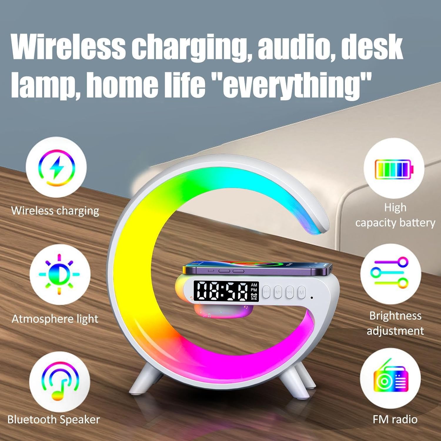 Smart Light Sound Machine with Wireless Charger, Music Rhythm Atmosphere Light, Bluetooth Speaker, Clock Alarm, Button and APP Control (White). 