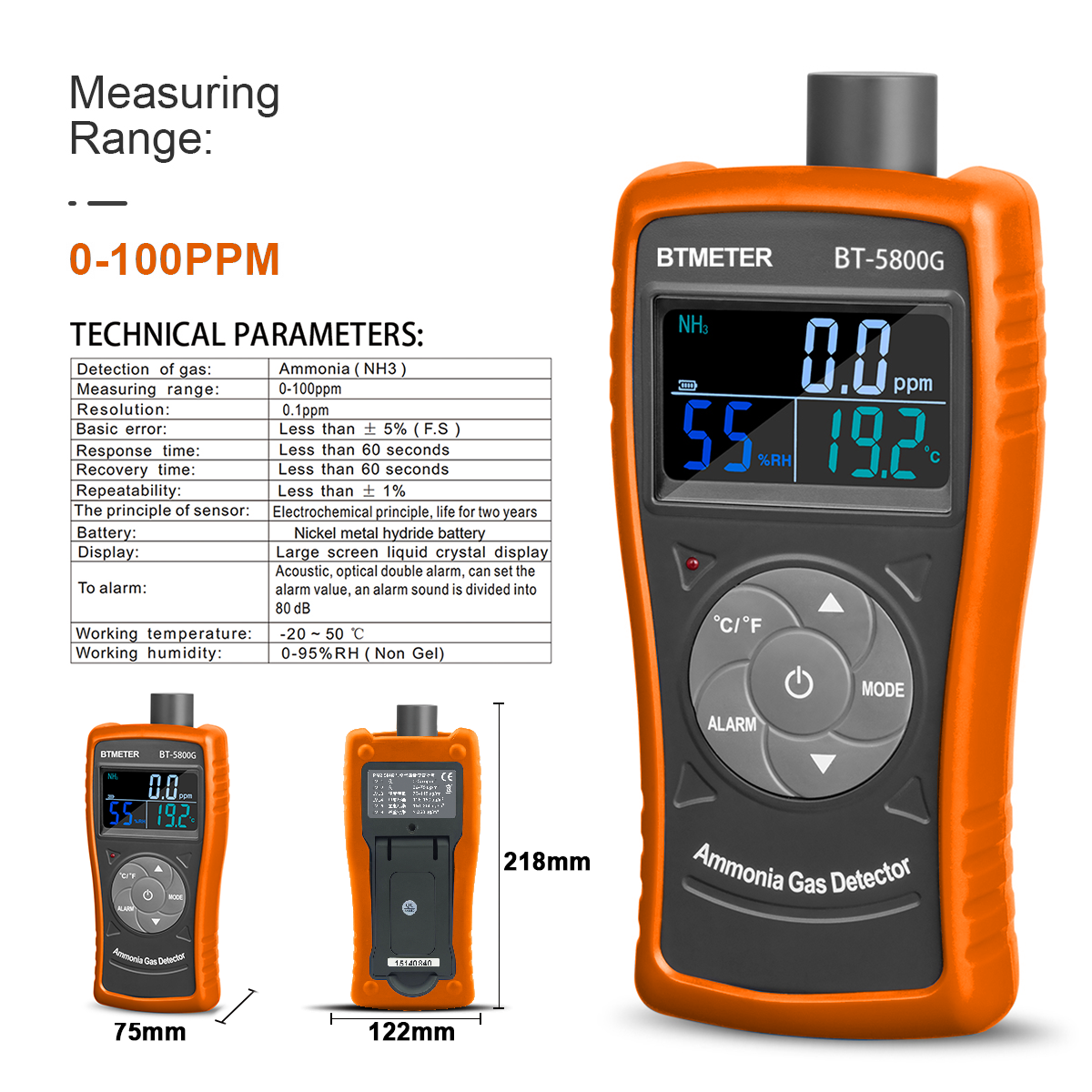 Ammonia Detector/NH3 Monitor/air quality Monitor,0-100ppm Particle Detector Meter for indoor Air Purifier Quality，breeding，Farms. 
