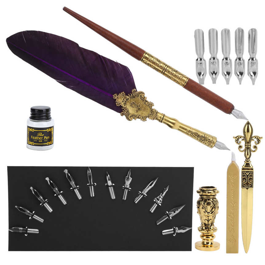 Feather Pen Kit Set Calligraphy Writing Drawing Quill Dip Vintage Art Craft Collection. 