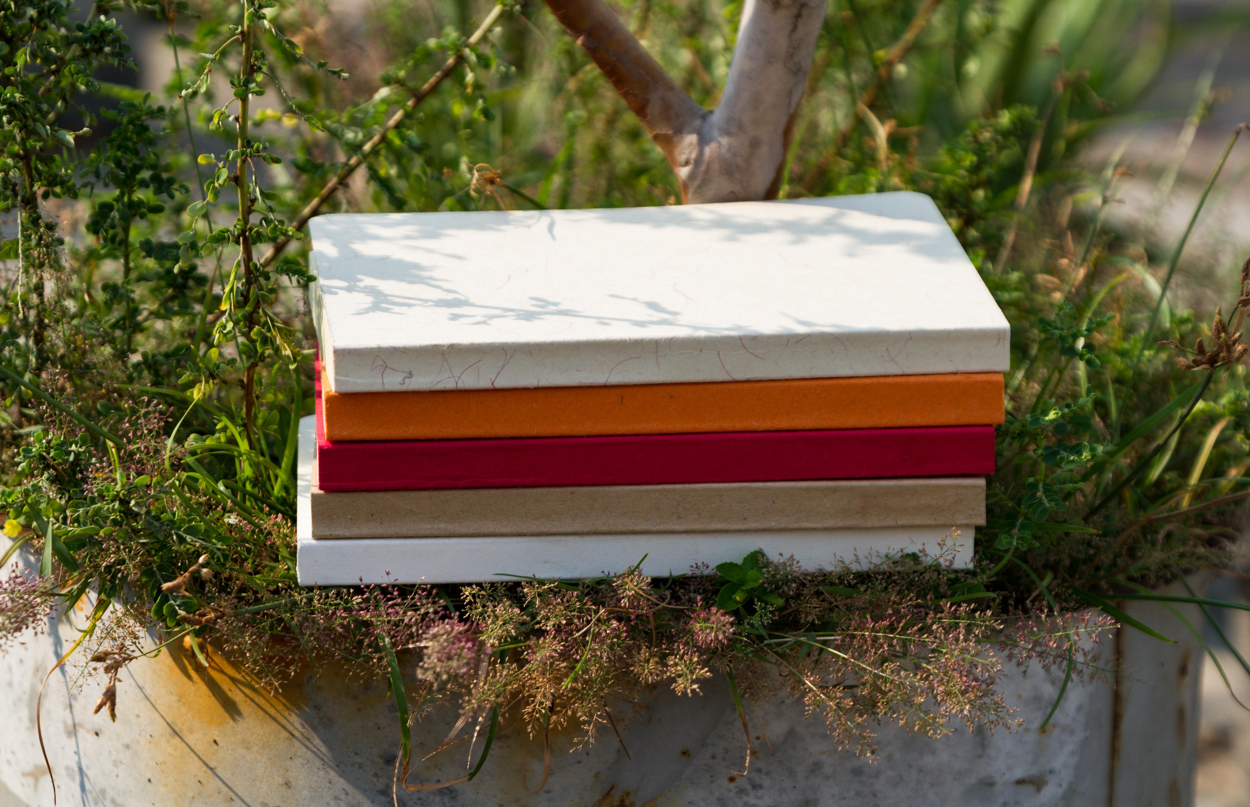 Tent Series Yellowish Page Hand Made Texture Grey, Kraft, Orange, Red & Texture White Cover Notebook 5-Pack. 