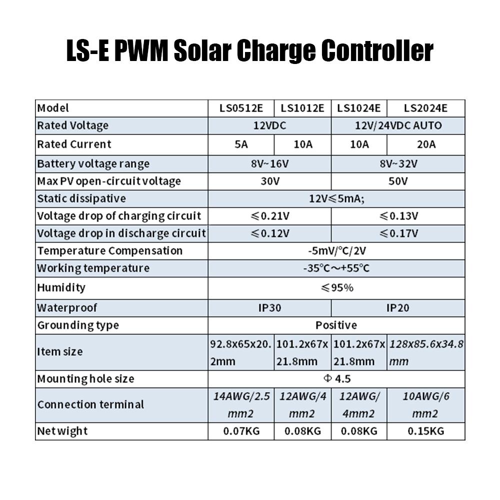 LS-E Series 5A/10A/20A PWM Solar Charge Controller for 12V/24V Solar Panel System Regulator. 