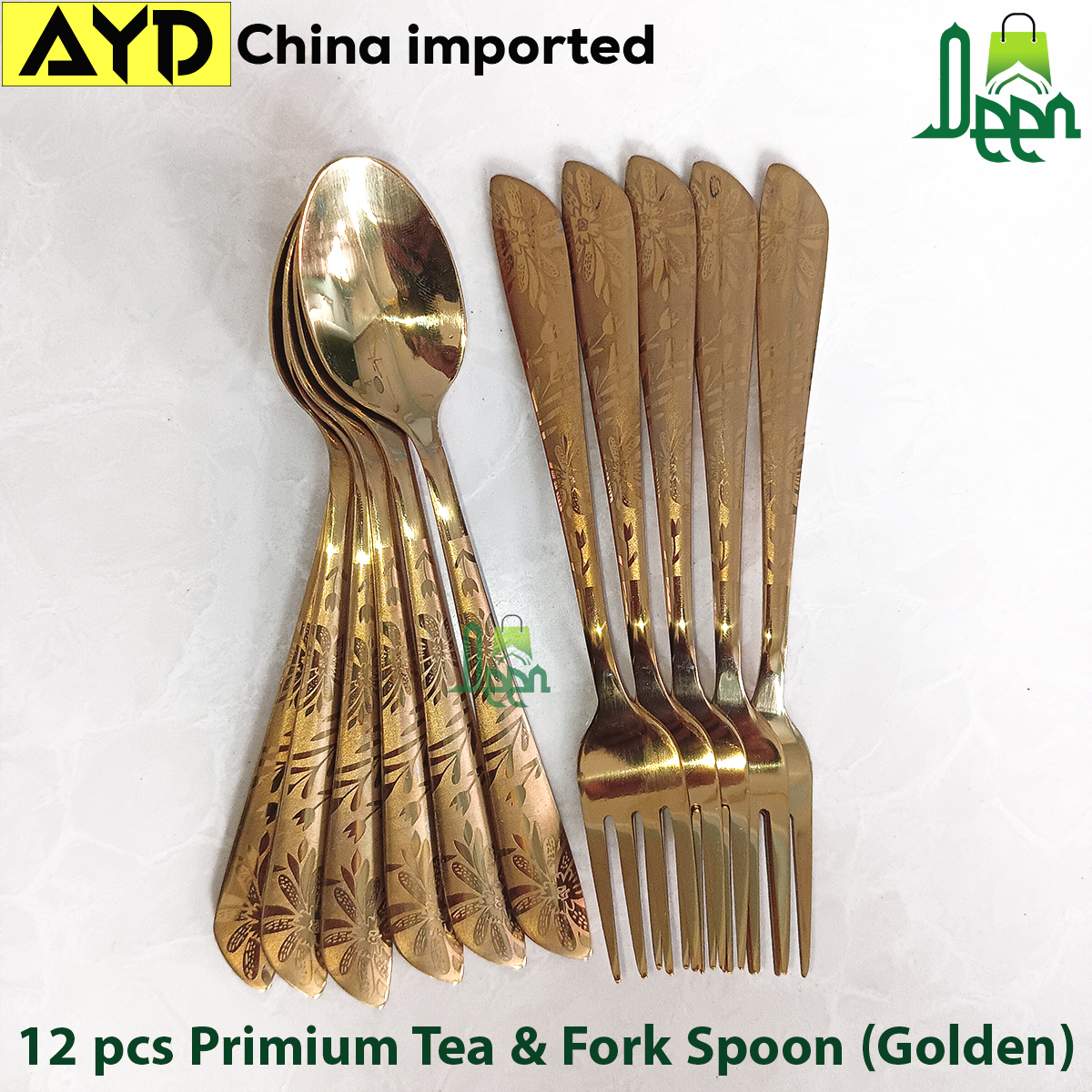 12 pcs set ayd Golden color Tea and Fork spoon set for Tableware , golden Fork spoon , 15 cm long Fork spoon golden color AYD golden Fork spoon 6 pcs tea spoon and 6 pcs fork spoon 15 cm long spoon