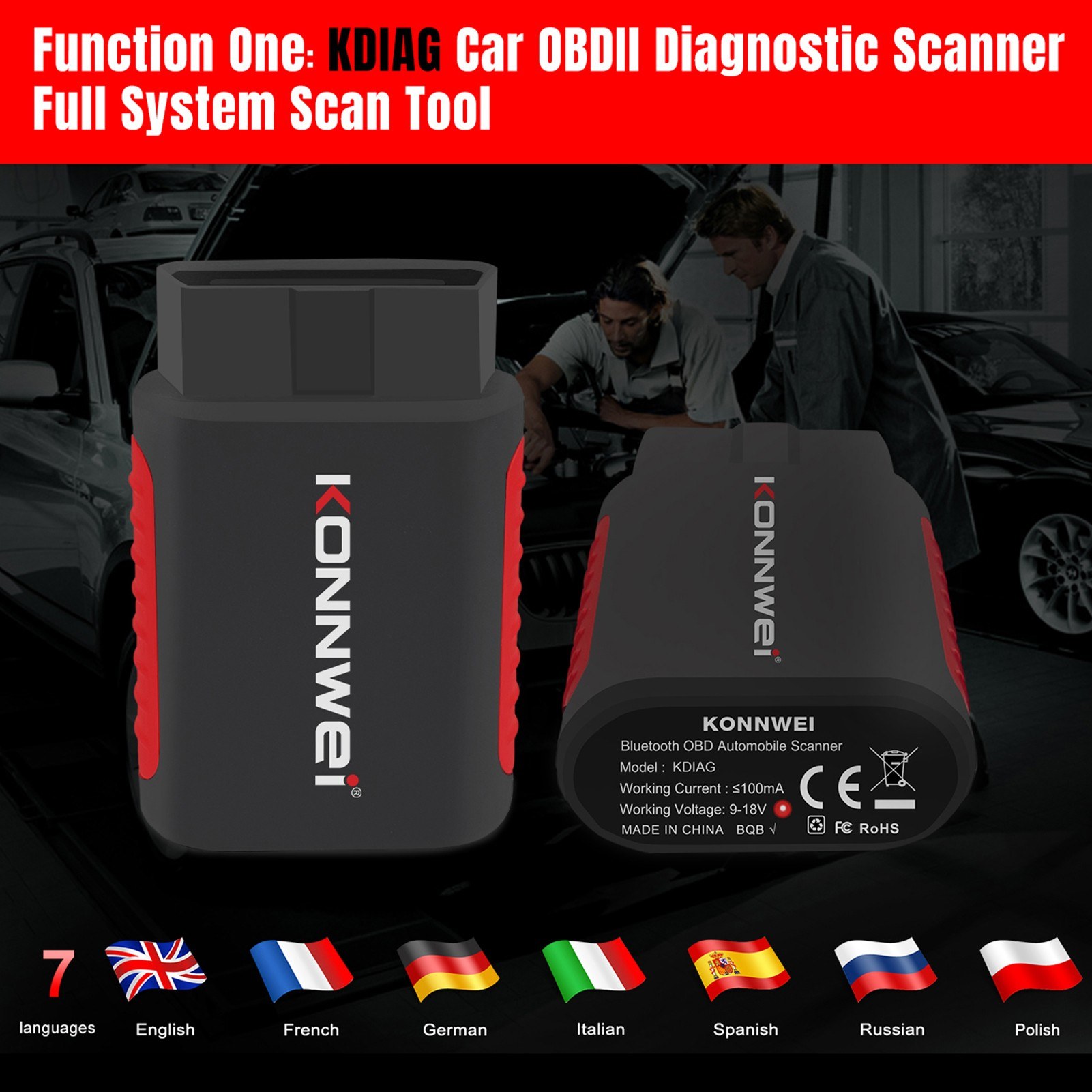 KONNWEI K DIAG OBDⅡ Scanner BT Full System ABS SRS Diagnostic Tool with Reset Retrieval for ECM BCM SRS TCM BMS SAS A/C System. 