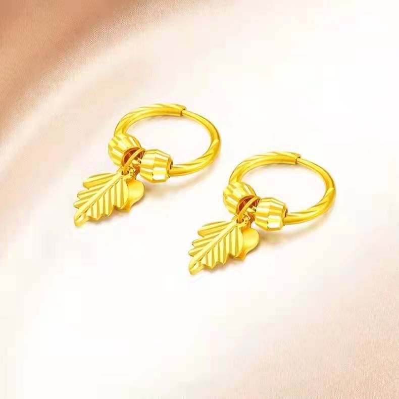 Gold-plated earrings, transfer beads, leaf earrings, personalized vibrato, long-lasting, , pastoral style, Xiaohongshu women's ears