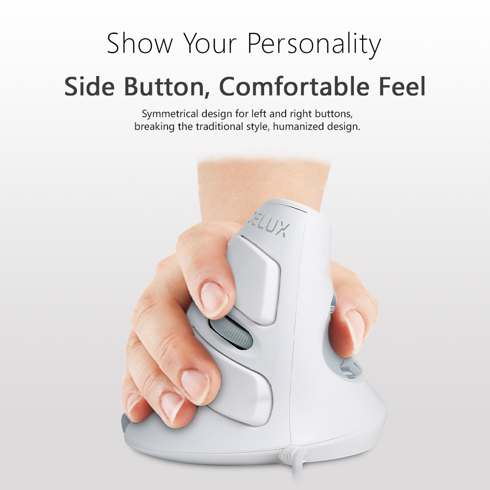 Delux M618BU White Wired Ergonomic Vertical Mouse 1600 DPI 6 Buttons Optical Right Hand Mice with Wrist mat For PC Lapt. 