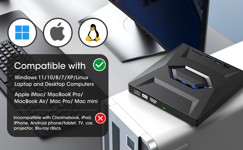 External DVD Drive for Laptop USB 3.0 Type-C Portable CD/DVD Optical Drive Player Writer CD Burner with 2 USB 3.0 Ports, Type C Port SD Card Reader for Laptop PC MacBook Mac Windows Linux OS. 