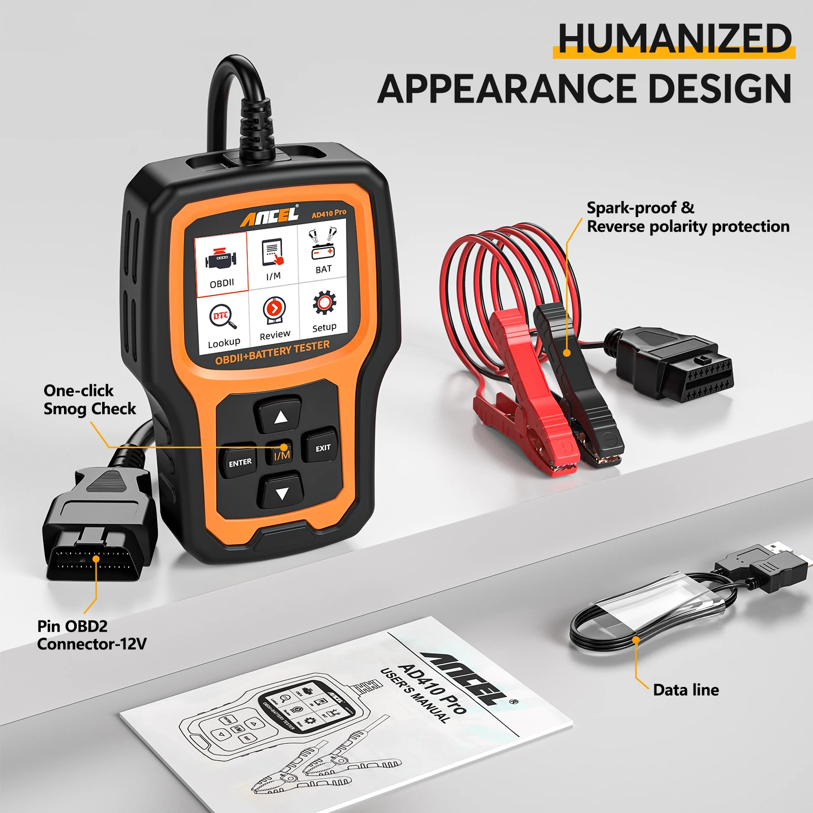ANCEL AD410 PRO Code Reader + Battery Test Check Engine With Full OBD2 Function Car Diagnostic Tools. 