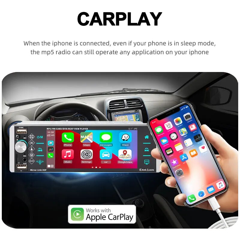PolarLander  Mirrorlink AM Touch ​Screen 5.1 Inches Car Multimedia Player 1 Din MP5 4-USB Bluetooth MP4 FM Carplay/Android Auto. 