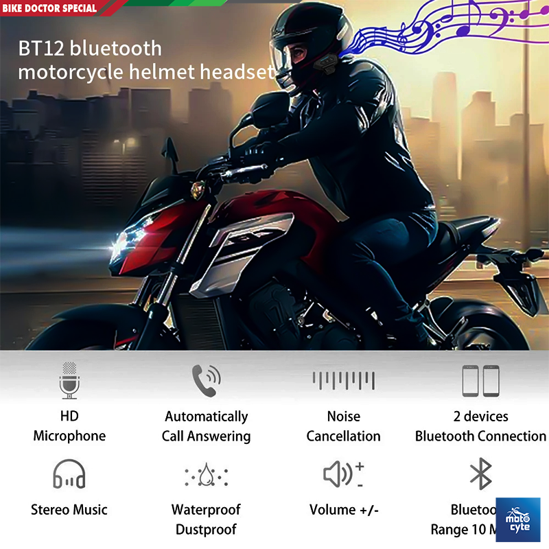 Motorcycle Helmet Communicator Intercom Headset Music Interphone Bluetooth 5.0  Waterproof, Hands-Free, Long Battery Life (Not Device to Device). 