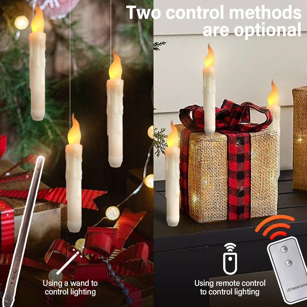 LED Floating Candles with Magic Wand Flameless Taper Candles Battery Operated Remote Timer Electric Hanging Window Candles Decor. 