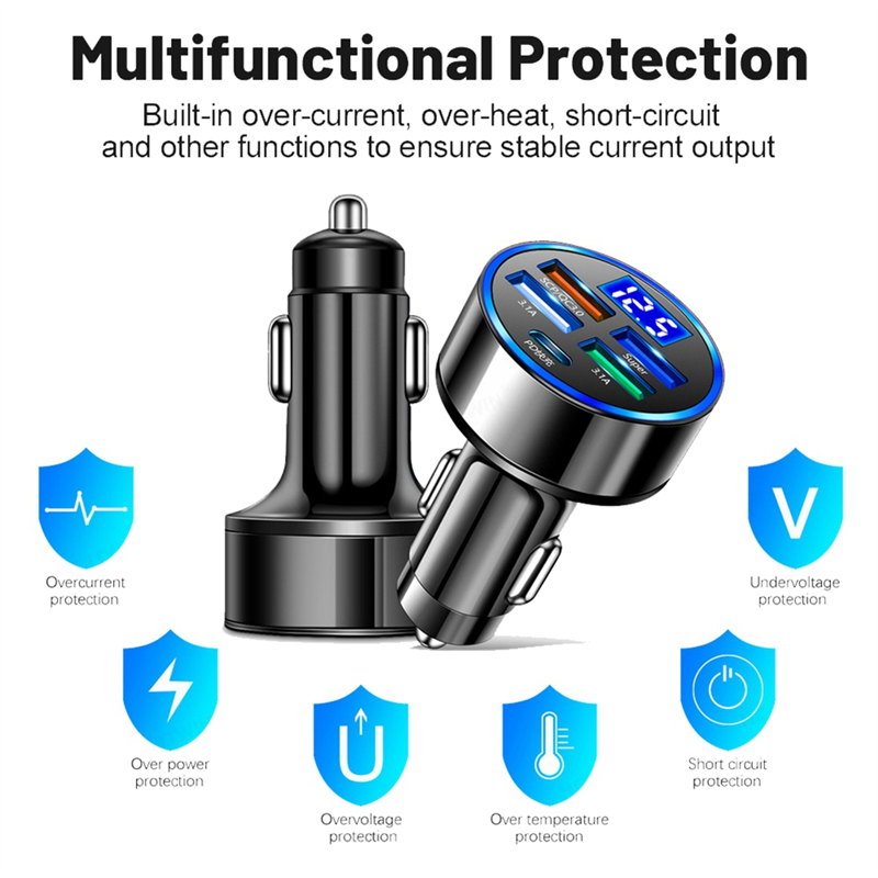 5 in 1 Car Auto Charging Plug Adapter LED Digital Display 15W Car Charger Adapter Fast Charging Easy to Use. 