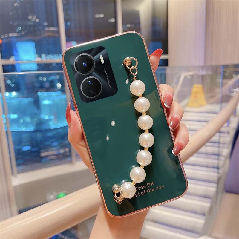 For VIVO Y16 Case Transparent Plating Electroplating Shiny Cases + Pearl Bracelet for VIVOY16 Cover Casing. 