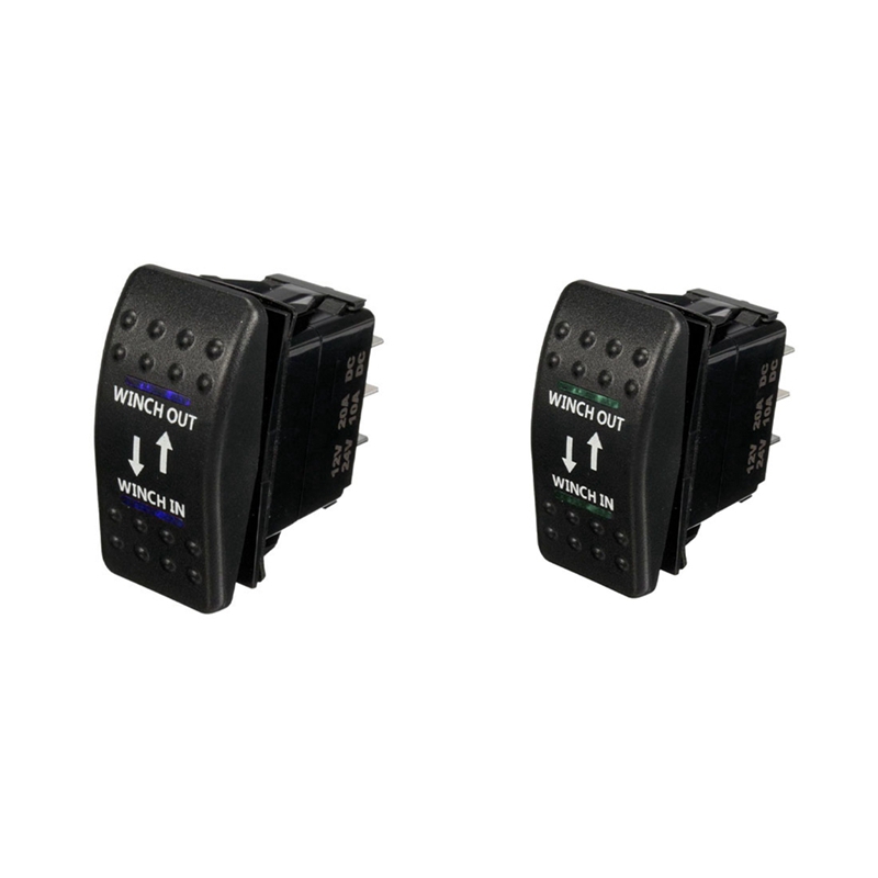 2 Pcs 12V 20A Winch in Winch Out ON-OFF-ON Rocker Switch 7 Pin LED, Blue & Green