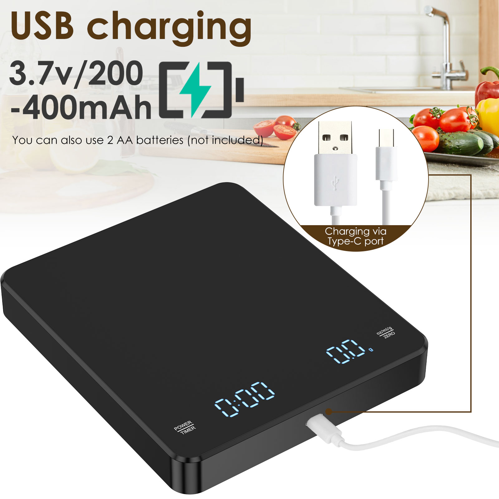 Digital Kitchen Scale with Timer 3kg/0.1g Espresso Coffee Making Mini Food Weight Scale High Precision Measures Rechargeable. 