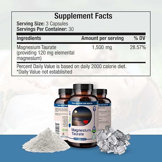 Truemed Organic Magnesium Taurate 1500mg – High Absorption Supplement for Heart, Stress, Sleep & Nerve Support – 90 Veg Capsules – Made in USA. 
