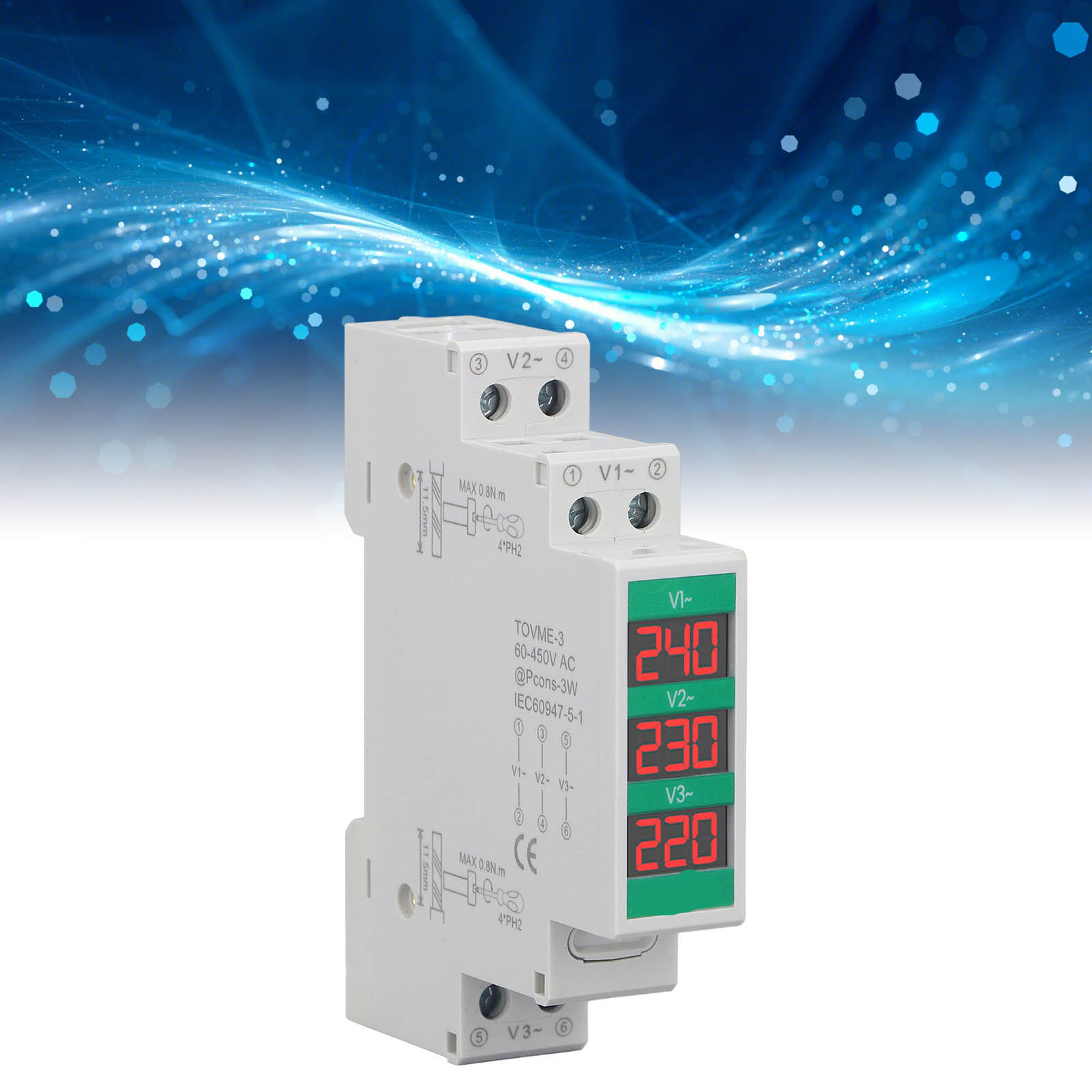 3 Phase AC Voltmeter Din Rail Mount LCD Digital Display Voltage Meter Electric Power Meter 60-450V 1pcs. 
