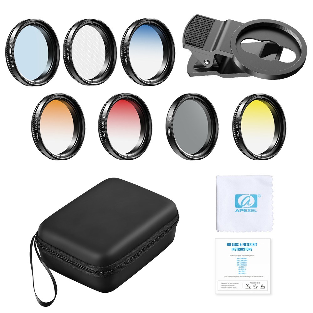 APEXEL APL-37UV-7G Professional 7in1 Phone Graduated Lens Filter Kit - black. 