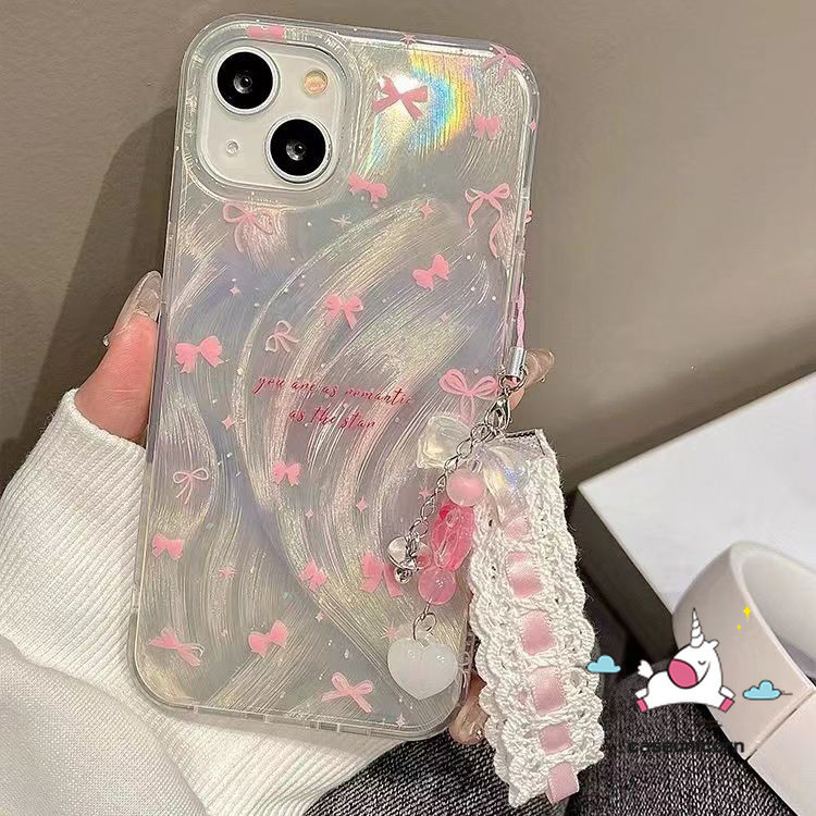 Romance Pink Gradient Bowknot Cartoon Bracelet Case Compatible For IPhone 7Plus 15 13 11 14 12 Pro Max XR XS Max X 15 8 14 7 Plus SE 2020 English Tag Luxury Pearly Luster Card Case