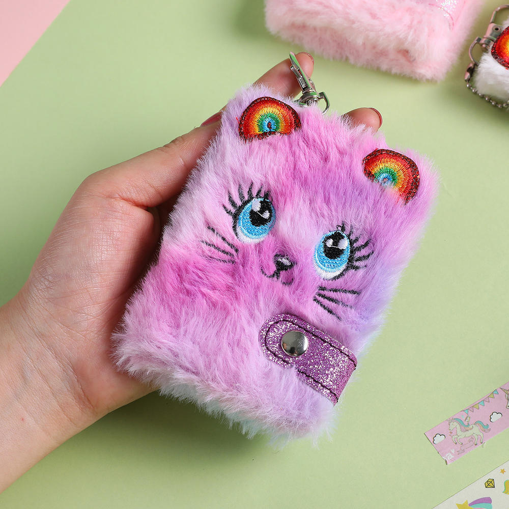 Cute Cat Face Plush Mini Pocket Notebook with Keychain, Kids Girls Boys Writing Drawing Pad Personal Journal Diary Notepad with Blank Inner Papers. 