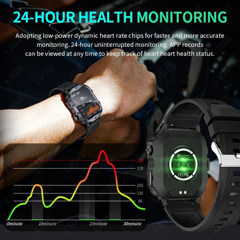 LIGE 2024 Smart Watches Men's Rugged Military Bluetooth Call Sport Heart Rate IP68 Waterproof Outdoor Smartwatch for Android IOS. 