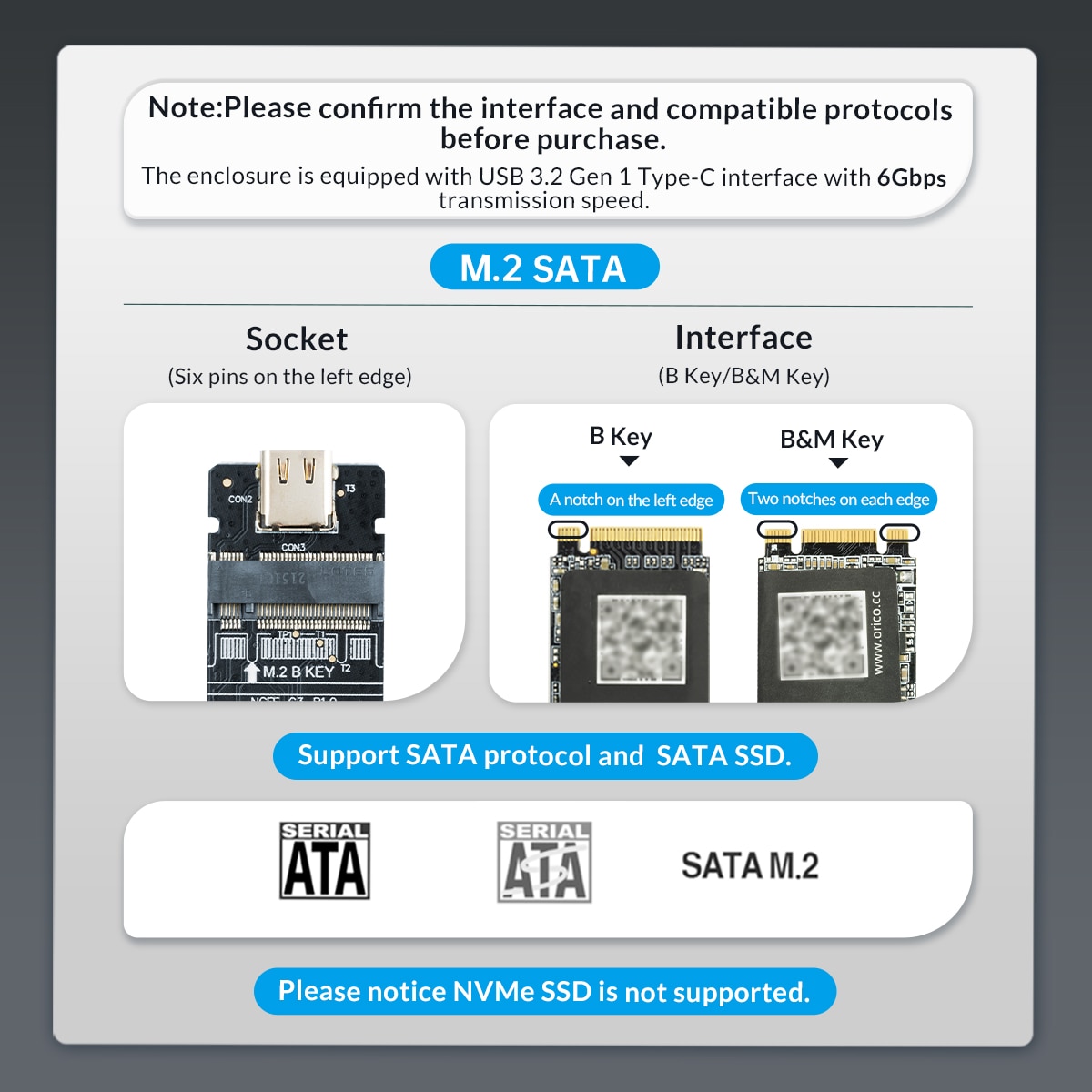 ORICO M.2 NVMe SSD Enclosure 10Gbps USB3.2 Gen2 M2 SSD Enclosure Case Box Simple Design for NVMe SATA Tool-free Support UASP. 