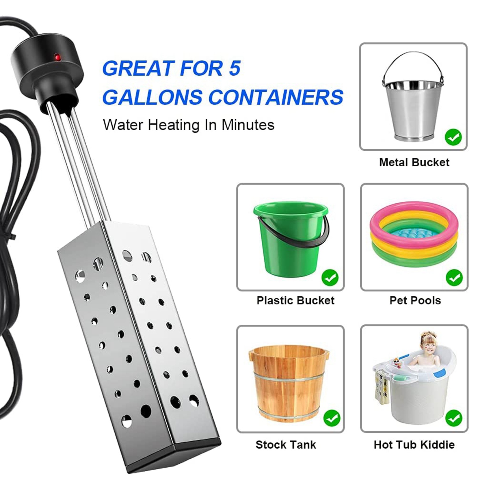 Immersion Water Heater 2500W Electric Bucket Heater with Timer Auto Shut Off Hot Tub Heater for Home Winter EU Plug. 