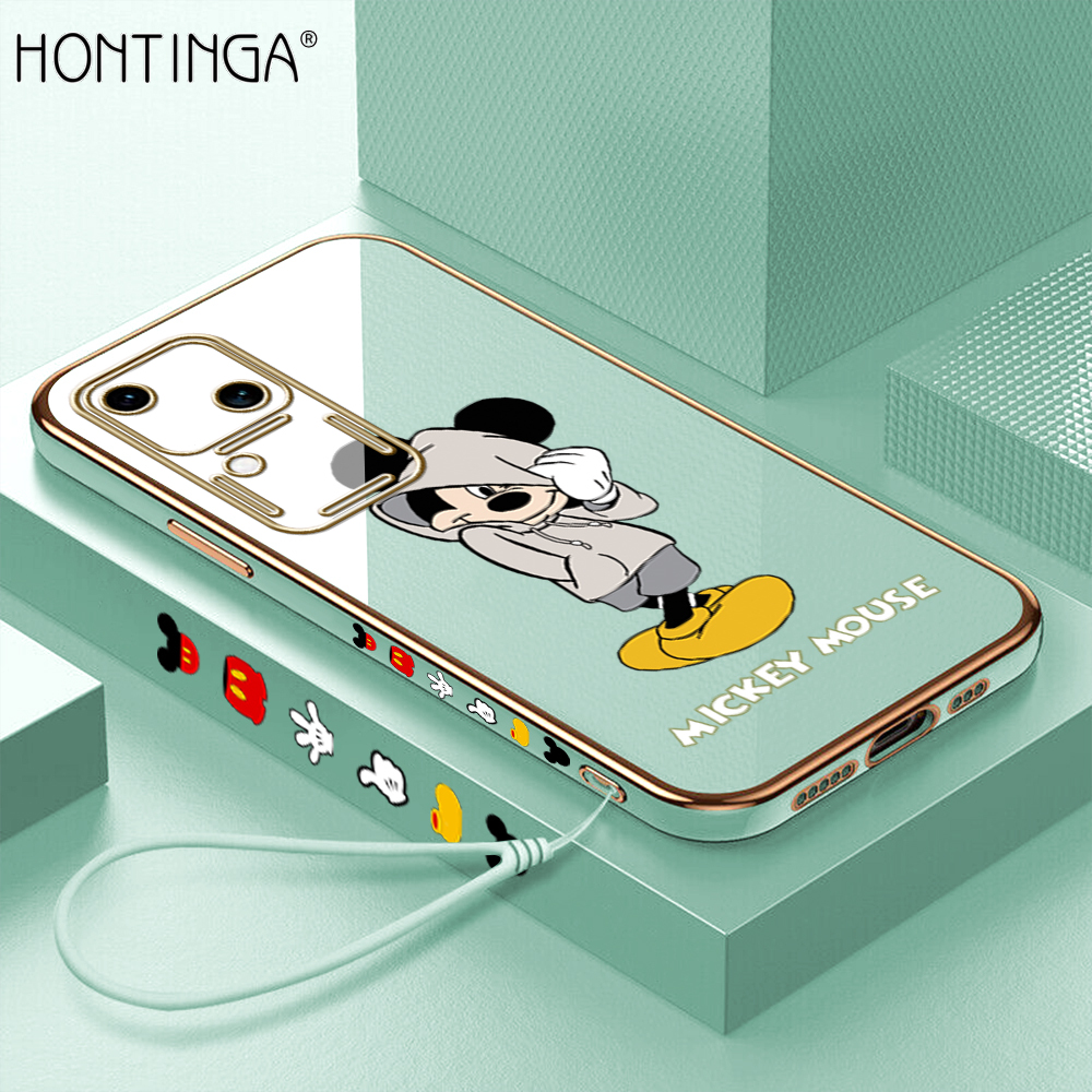 Hontinga for Vivo V30 5G Back Cover With Free Strap Luxury 6D Plating Handsome Mouse Side Pattern Case Soft Silicone Square Mobile Cover