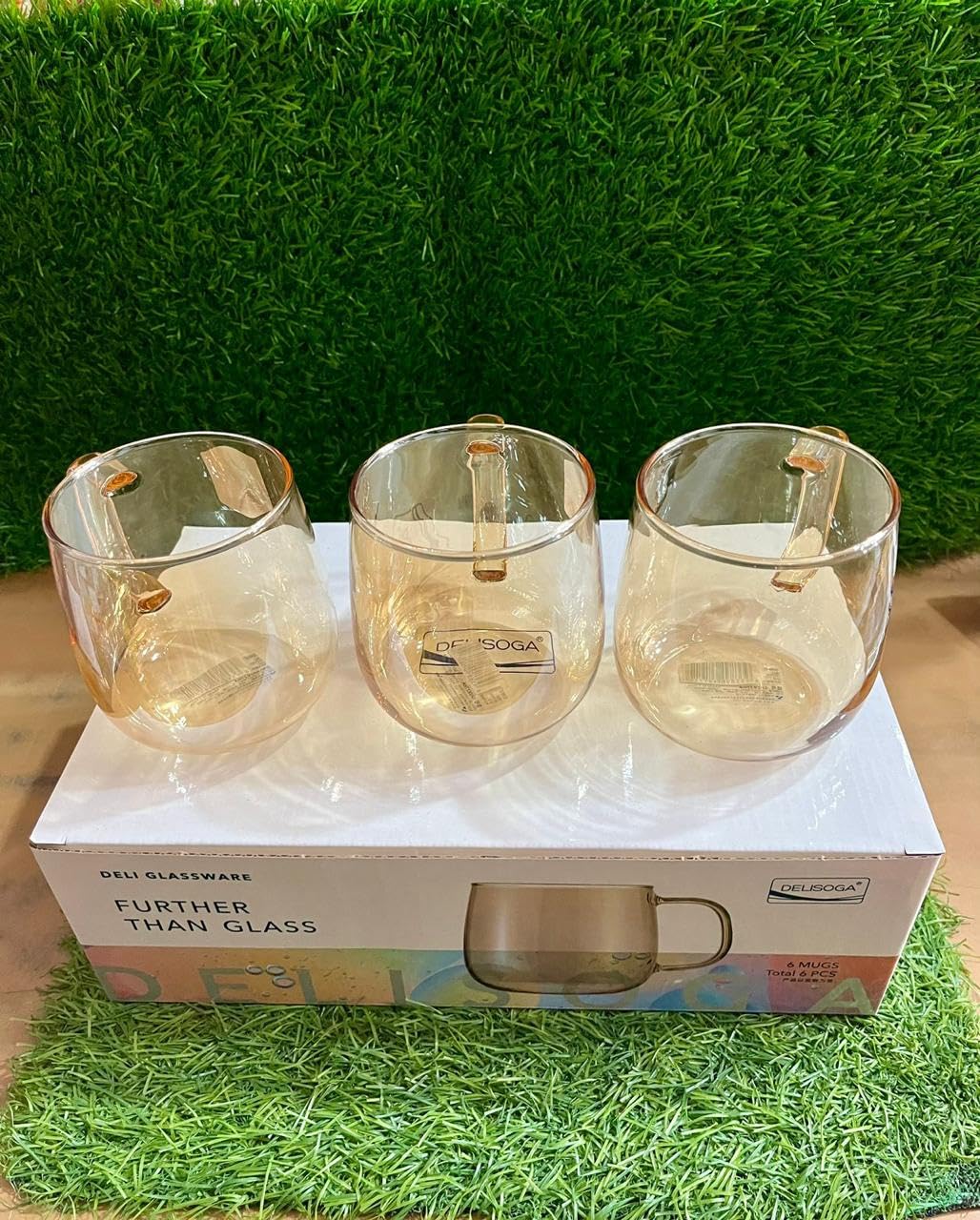 Pack of 6 Golden Borosilicate Glass Mugs - 520ml, Microwave Safe, Scratch Resistant, Lightweight, Round Shape, No Lid, Ideal for Tea, Coffee, Milk, Hot & Cold Drinks, GPB27HA-L6.. 