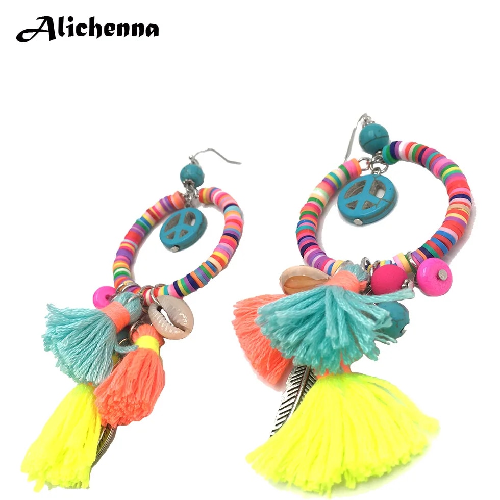 【beauty code store】Polymer Clay Beads Charms Earrings Peace Symbol Statement Boho Dangle Earrings with Tassel Colorful Summer Style. 