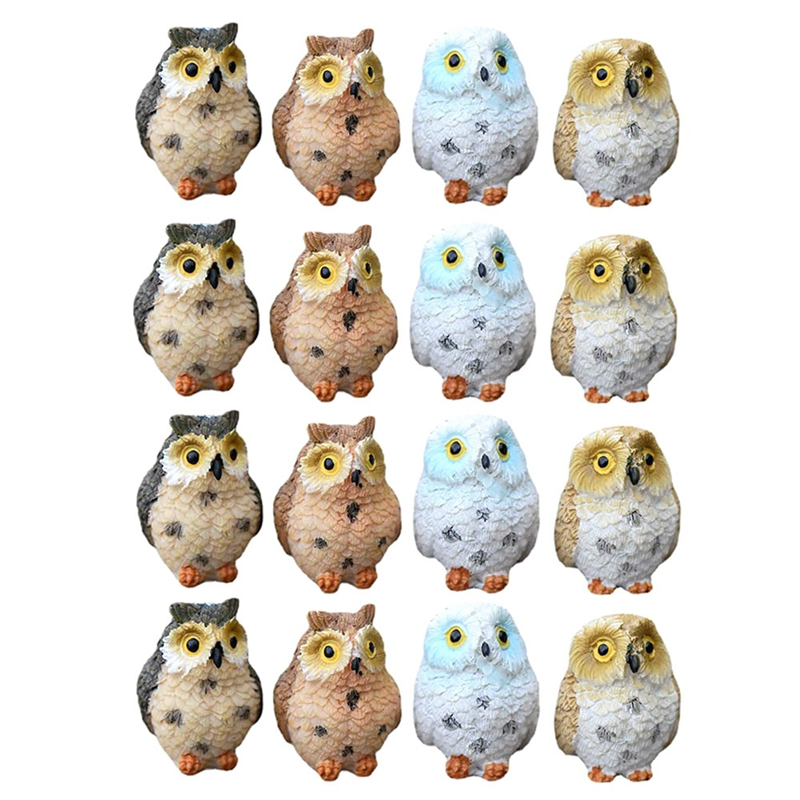 16 Piece Miniature Night Owls Figurine Fairy Garden Mini Animal Statue Toy Moss Terrarium Decor Resin for Micro-Landscape Pots