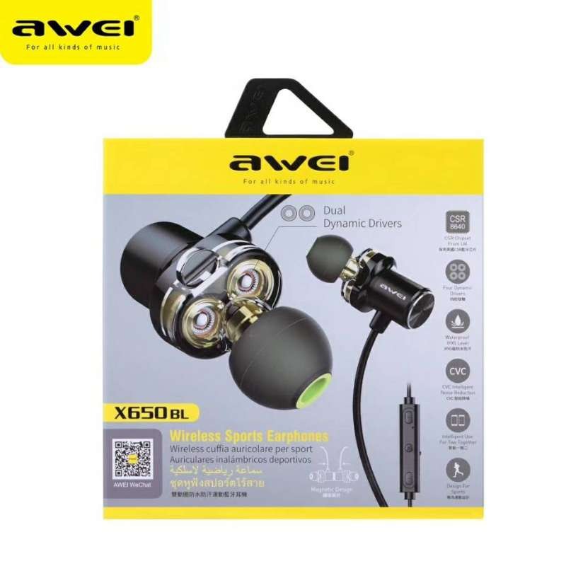 Awei x650bl ব্লুটুথ ইয়ারফোন csr cvc নয়েজ ক্যান্সেলিং ipx5 ওয়াটারপ্রুফ স্পোর্টস ইয়ারবাড ওয়্যারলেস স্টিরিও হাইফাই ডুয়াল ইউনিট হেডসেট. 