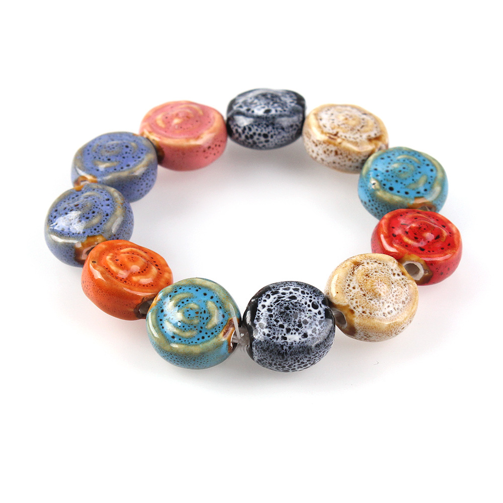 Ethnic style porcelain jewelry colorful handmade porcelain beads elastic bracelet retro fashion simple bracelet factory direct sales. 