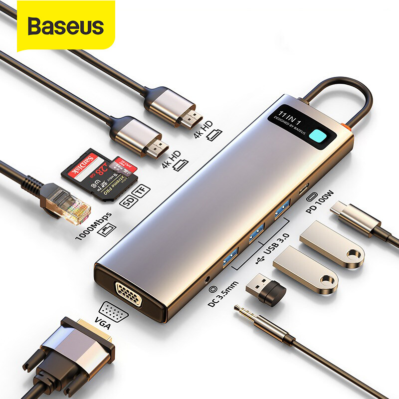 Baseus USB C HUB Type C to HDMI USB 3.0 PD Adapter SD TF slot RJ45 VGA 3.5mm Audio 4 in1 5 in1 6 in 1 8 in 1 9 in 1 11 in 1 Type C HUB Dock for MacBook Pro iPad Air 4 iPad Pro 2020 Air Notebook USB C Splitter. 