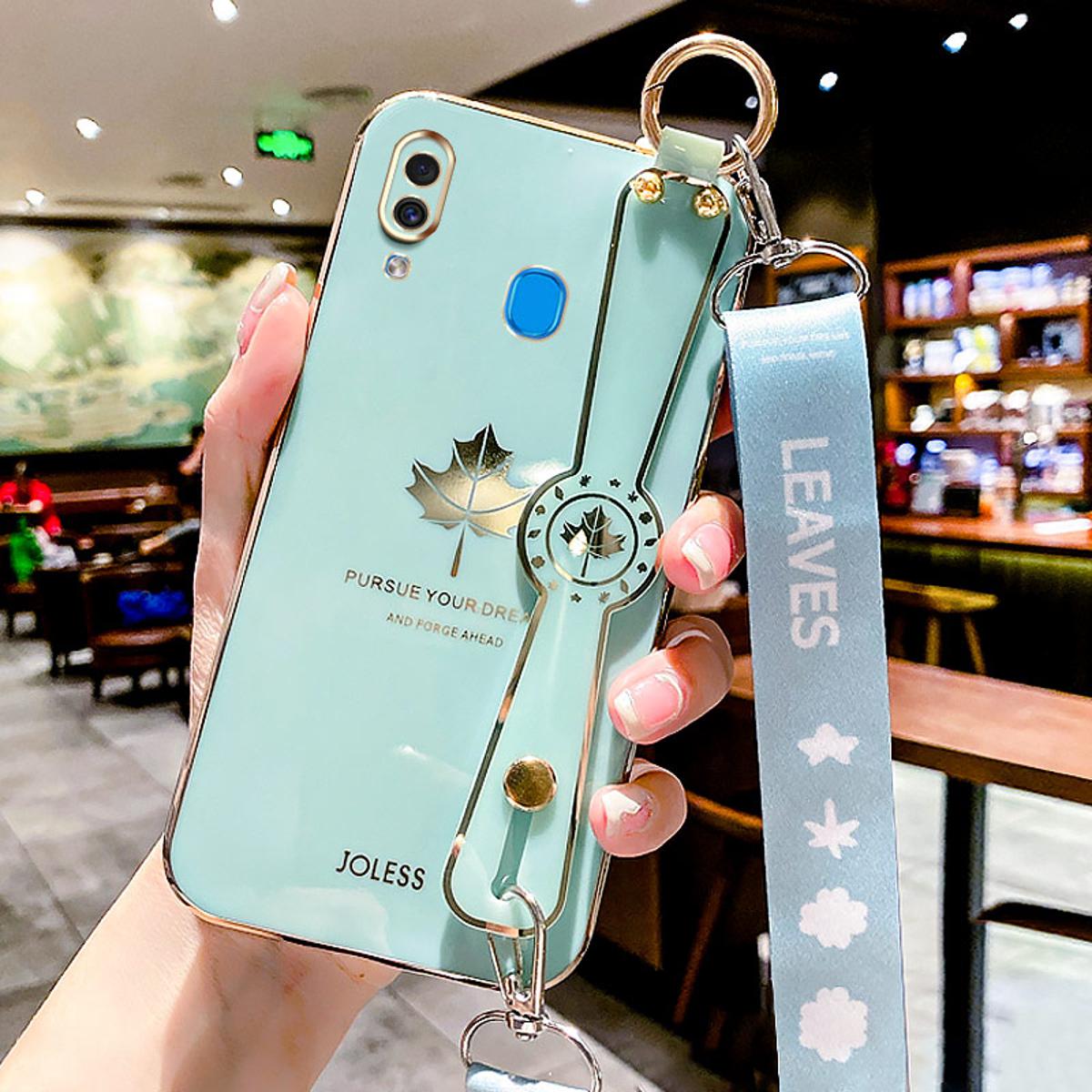For Samsung Galaxy A30 A20 Back Cover with Lanyard + Wristband Fashion Shiny Maple Leaf Plating Bumper Stand Holder Case Camera Protection Soft Silicone Mobile Phone Cases