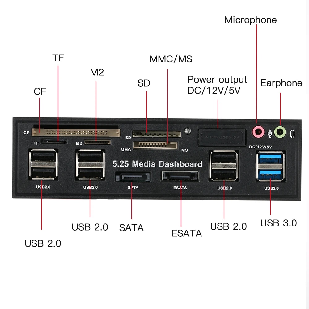 Multi-Function USB 3.0 Hub eSATA SATA Port Internal Card Reader PC Media Front Panel Audio for SD MS CF TF M2 MMC Memory Cards. 