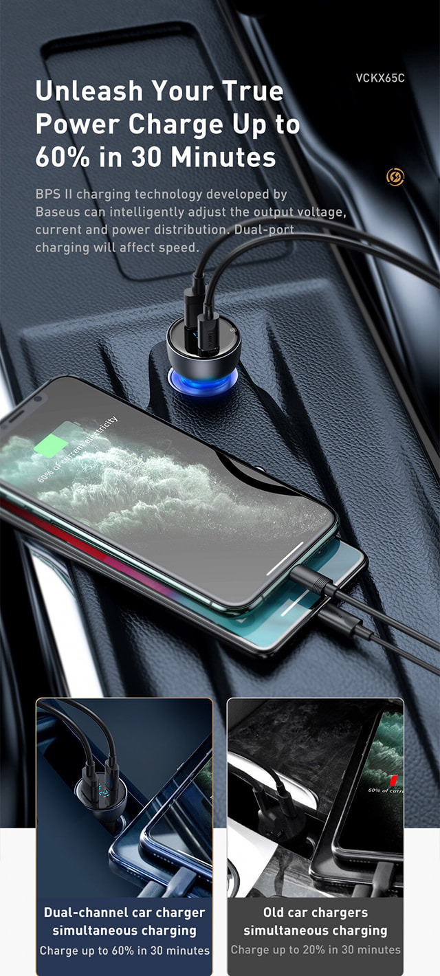 Baseus 65W PD Car Charger QC 4.0 QC 3.0 LED Display Type-C Fast Charger Quick Charger For all Phone USB Phone Charger In Car. 
