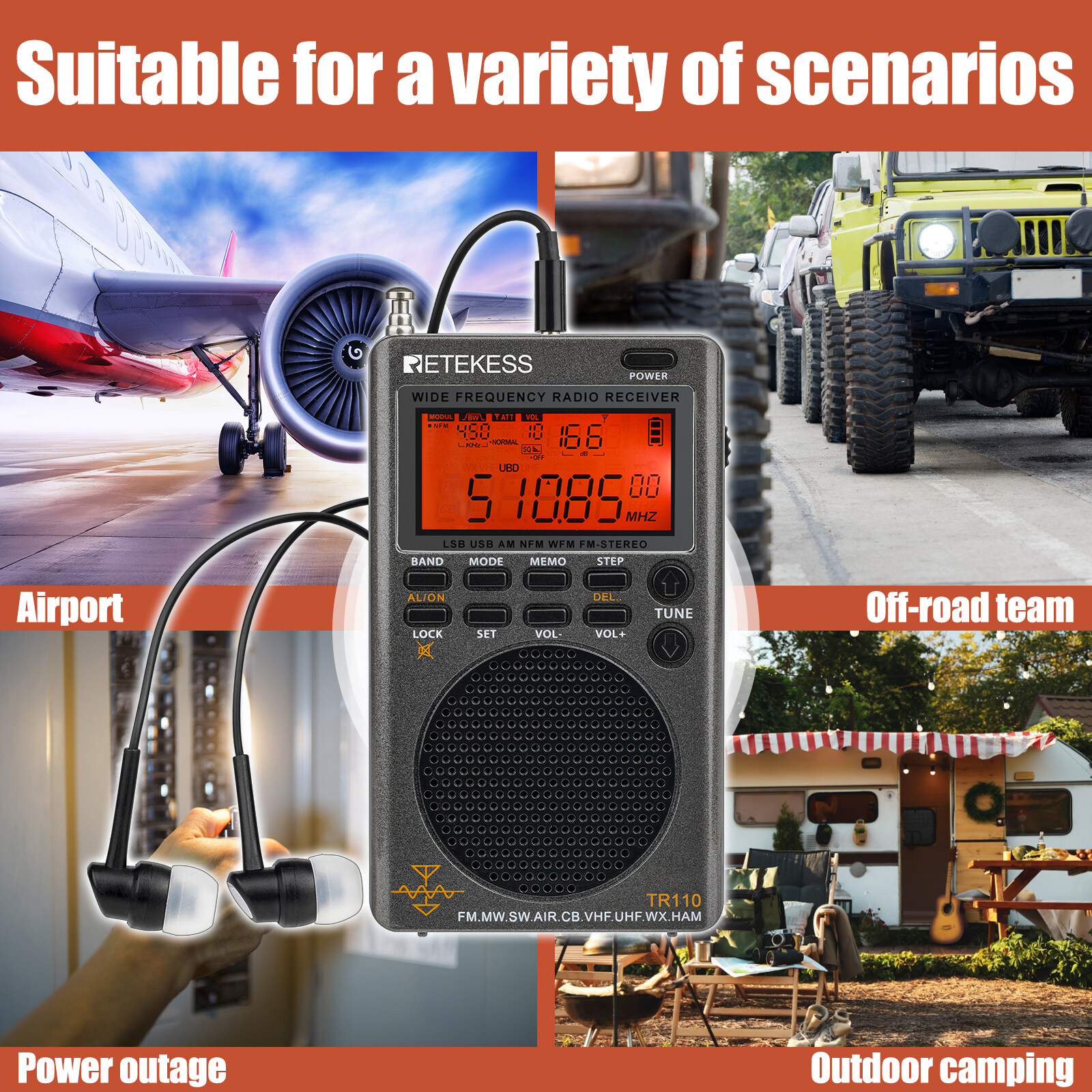 Retekess TR110 Portable SSB Shortwave Radio Full Band Radio MW FM Shortwave Airband CB NOAA Weather Alert FM Stereo Clock Sleep Timer 1000 Preset Stations. 