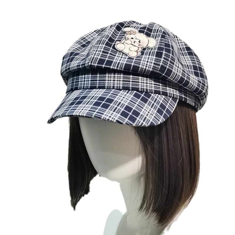 New explosive mikko kitten retro beret girl show face cute and versatile checked octagonal hat. 