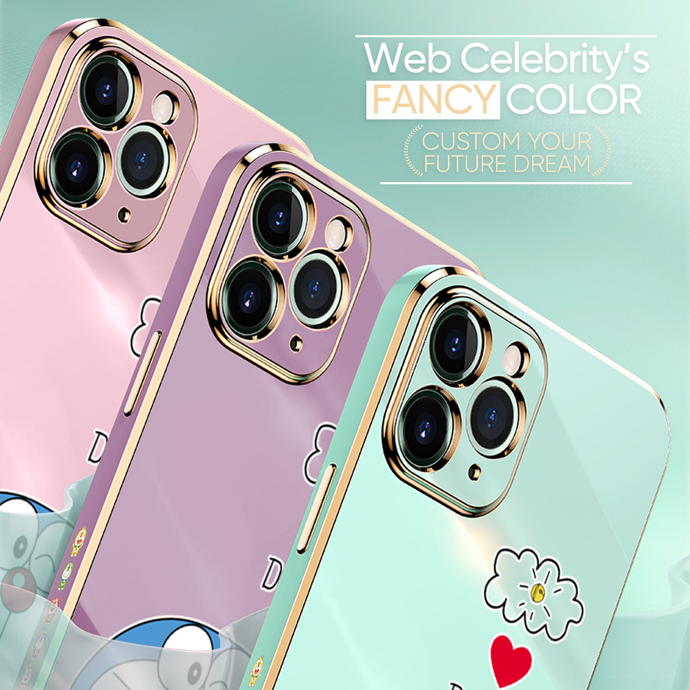 Luxury 6D Plating Case for Samsung A02S Cartoon Giggle Meow Side Pattern Back Cover Soft Silicone Square Phone Cases + Free Lanyard. 