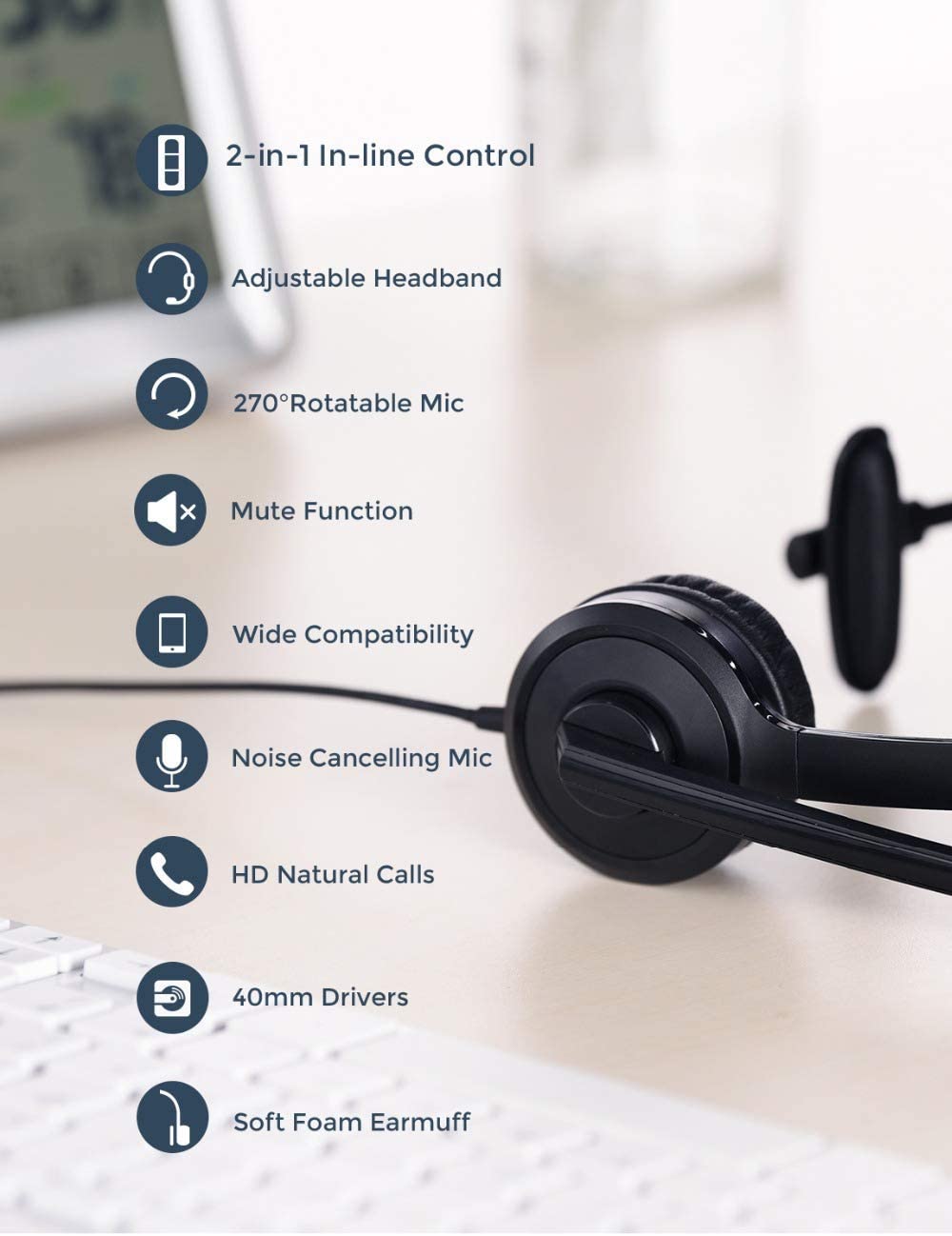 Single Ear Headset with Microphone USB Headphones with Noise Cancelling Boom Mic and Mute Button. Best fit for Zoom, Skype, Conference Calls, Office and Learning. 