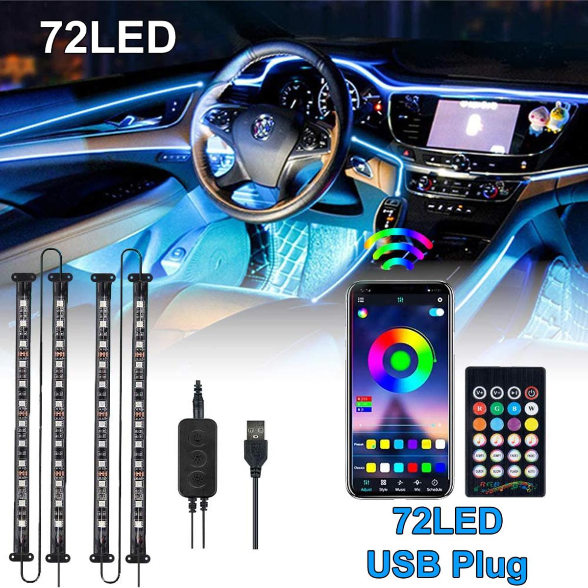 4 in 1 LED Car Interior Decoration Light Strip Bluetooth APP Control RGB Car Atmosphere Ambient Lamp Light USB Charge Waterproof-72LED USB Plug---