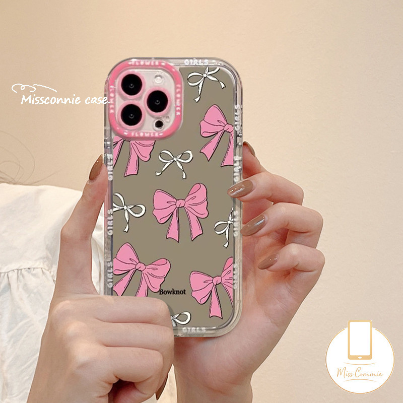 Simple Cute Pink Bowknot Couples Soft Case Compatible For IPhone 16 11 13 15 14 12 Pro Max 7Plus XR X XS Max 15 8 7 Plus SE 2020 Graffiti Letters Luxury Bracelet Make Up Mirror Cover