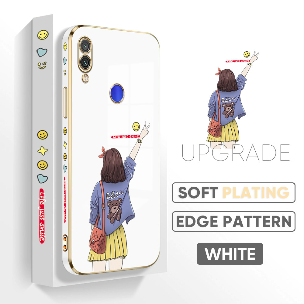 TA for Redmi Note 7 Note 7 Pro Back Cover + Free Lanyard Happy Girl Luxury 6D Plating Case Side Pattern Soft Silicone Square Phone Cases. 